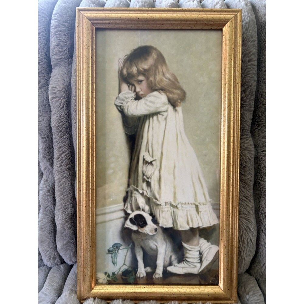 Vintage Framed Charles Burton Barber Print "In Disgrace" Gold Frame Girl & Dog